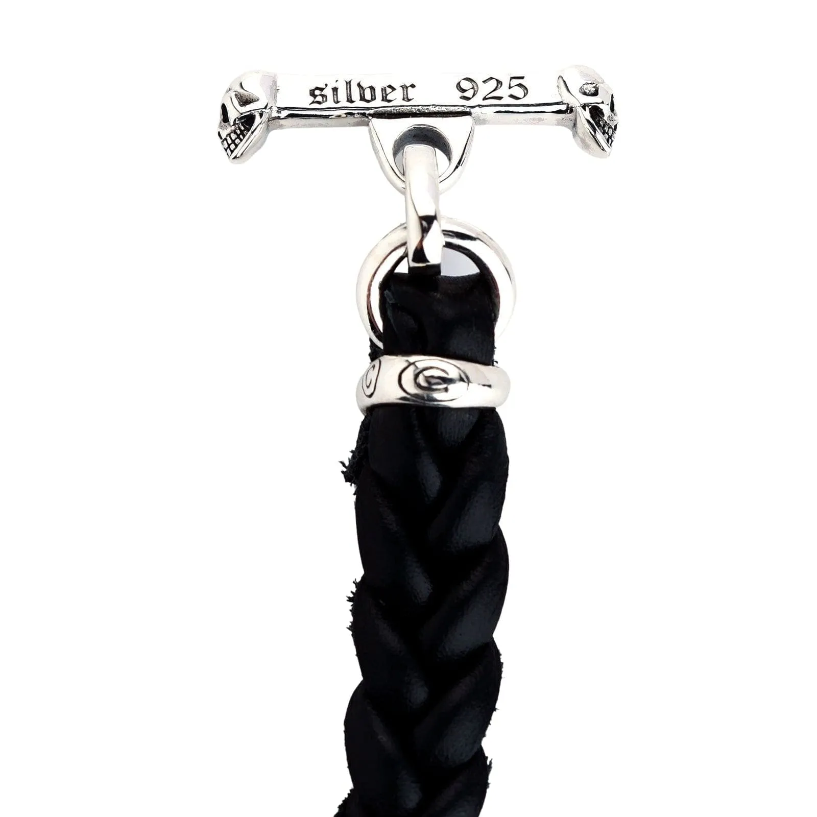 Bulldog Sterling Silver Men's Biker Leather Bracelet