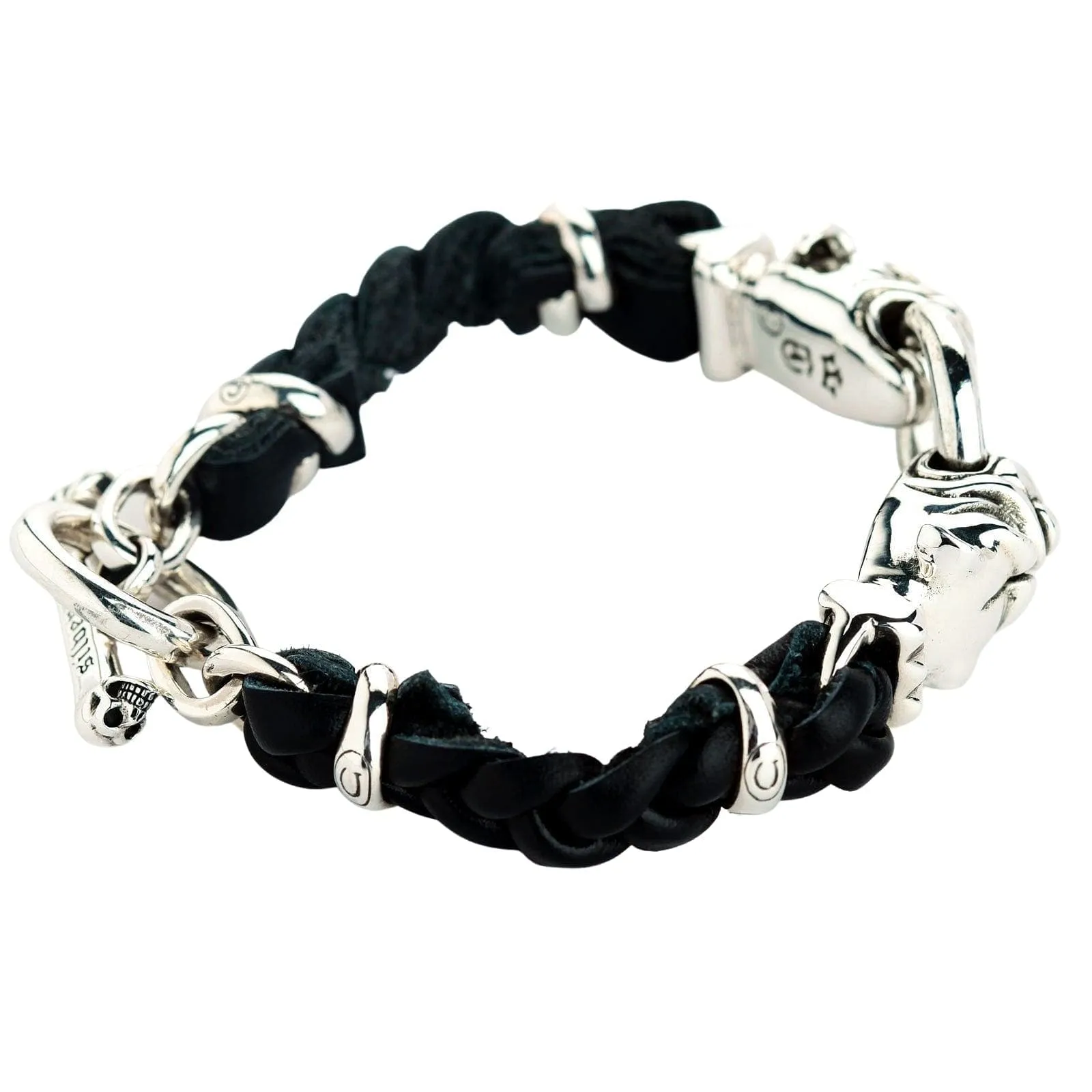 Bulldog Sterling Silver Men's Biker Leather Bracelet