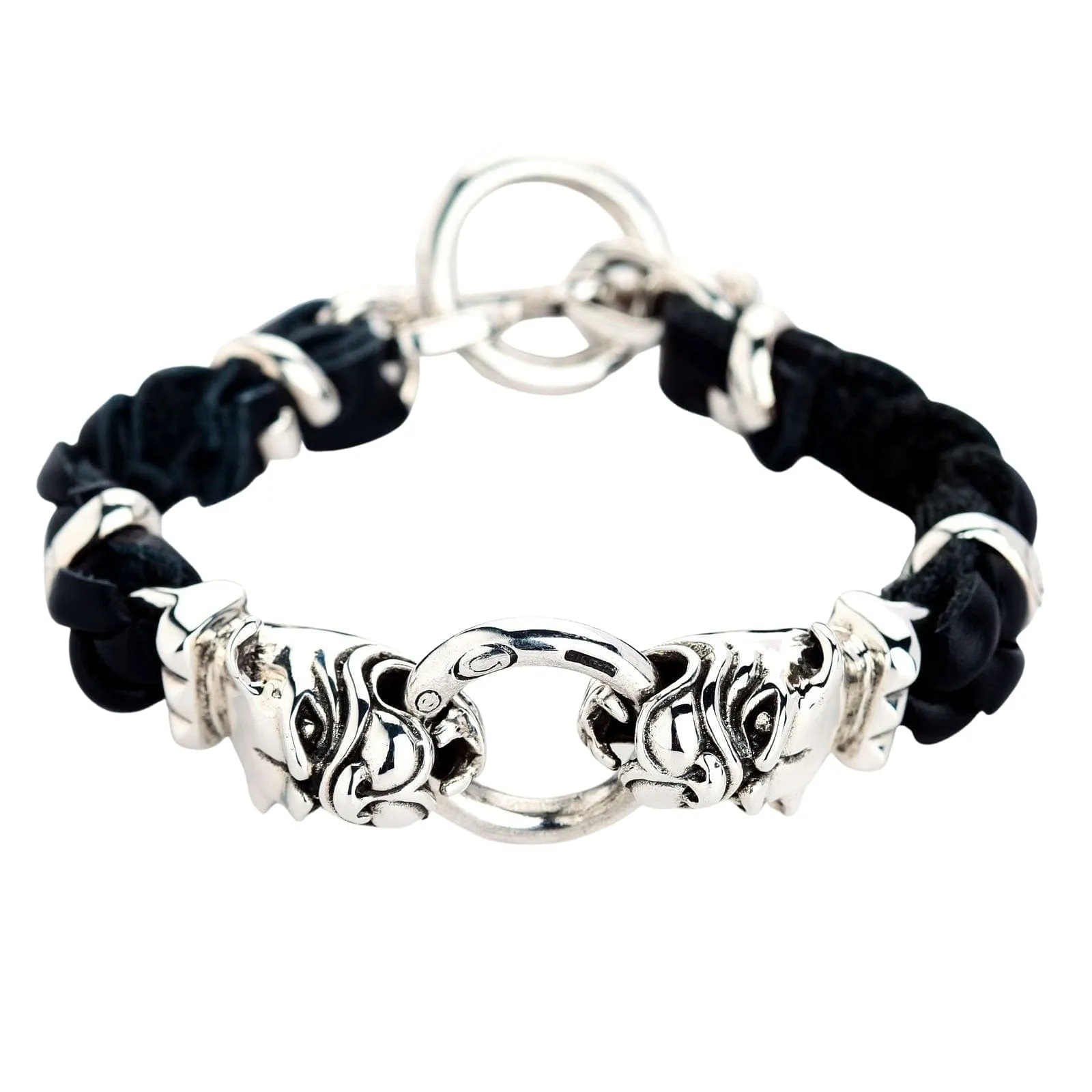 Bulldog Sterling Silver Men's Biker Leather Bracelet