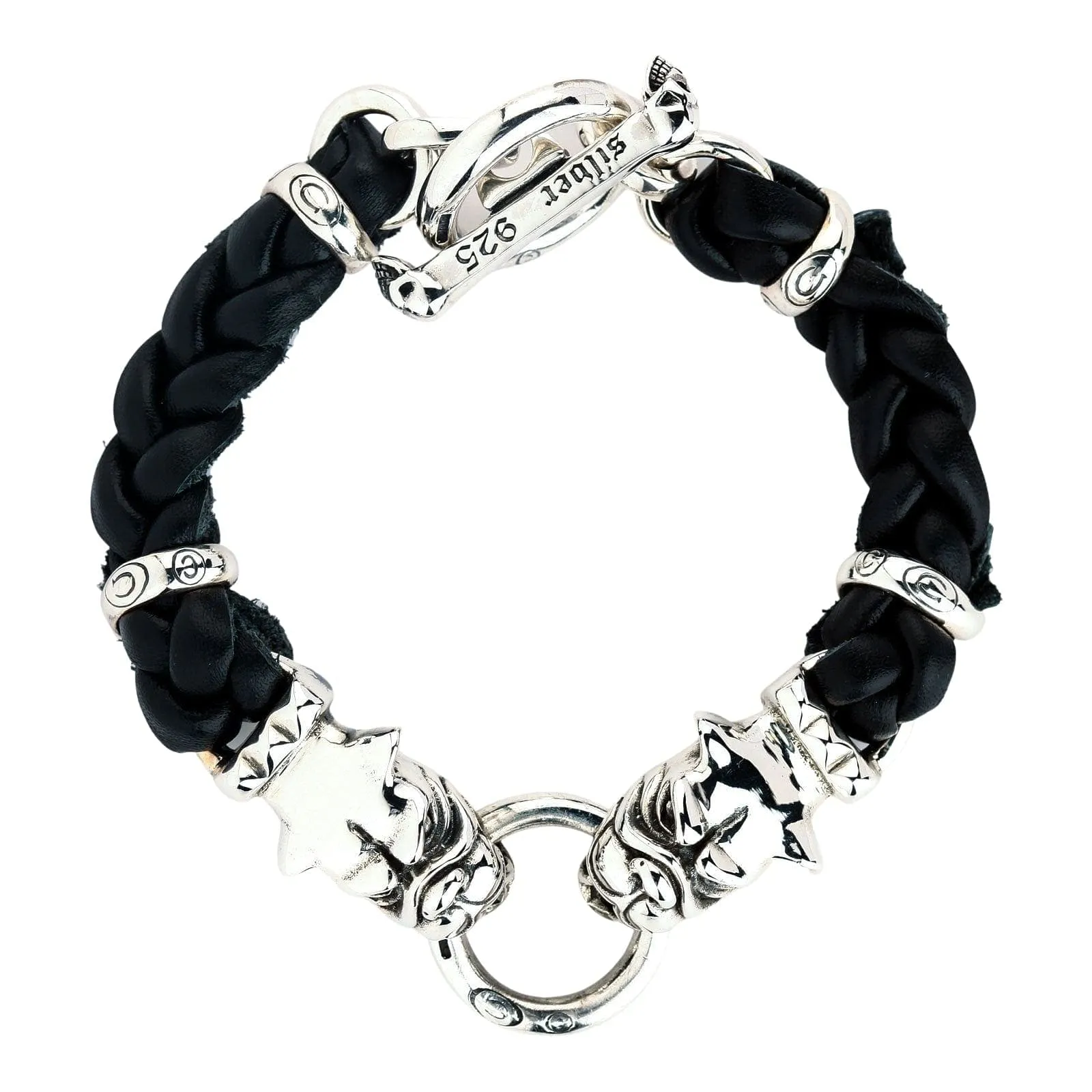 Bulldog Sterling Silver Men's Biker Leather Bracelet