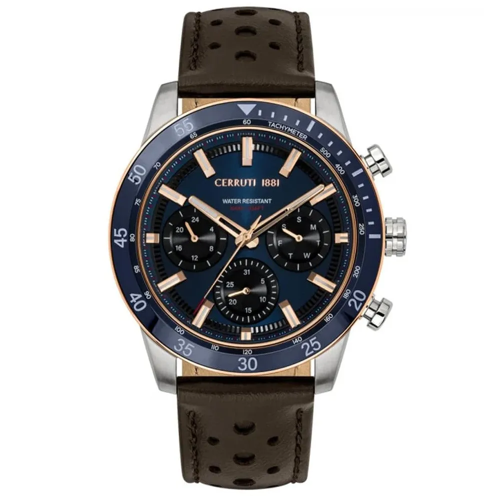 Cerruti Turchino Gents Navy Blue Dial Silver Blue Case Brown Leather Strap Watch