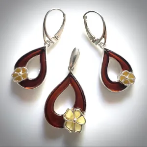 Cherry Amber Oval with Small Flower Earrings Pendant Silver Set