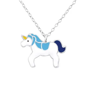 Children's Necklaces:  Sterling Silver Blue/White Unicorns on 39cm Chain