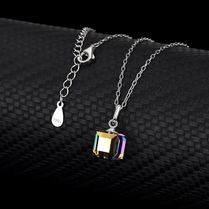 Children's, Teens' and Mothers' Necklaces:  Sterling Silver, Austrian Aurora Borealis Crystal Cube Necklace 40   4cm