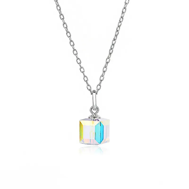Children's, Teens' and Mothers' Necklaces:  Sterling Silver, Austrian Aurora Borealis Crystal Cube Necklace 40   4cm