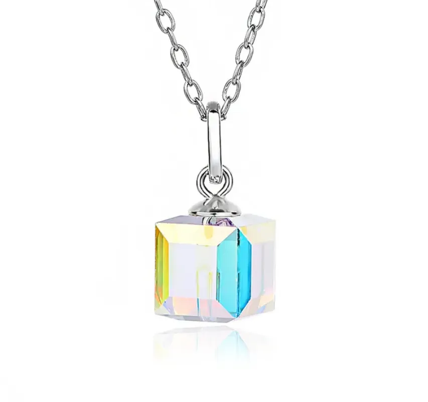 Children's, Teens' and Mothers' Necklaces:  Sterling Silver, Austrian Aurora Borealis Crystal Cube Necklace 40   4cm