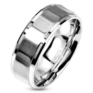 Classic Brushed Finish Rectangular Faceted Stainless Steel Band Ring with Polished Stepped Edges.