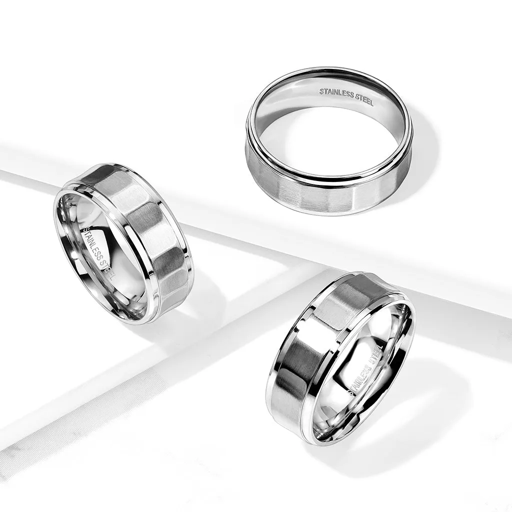 Classic Brushed Finish Rectangular Faceted Stainless Steel Band Ring with Polished Stepped Edges.