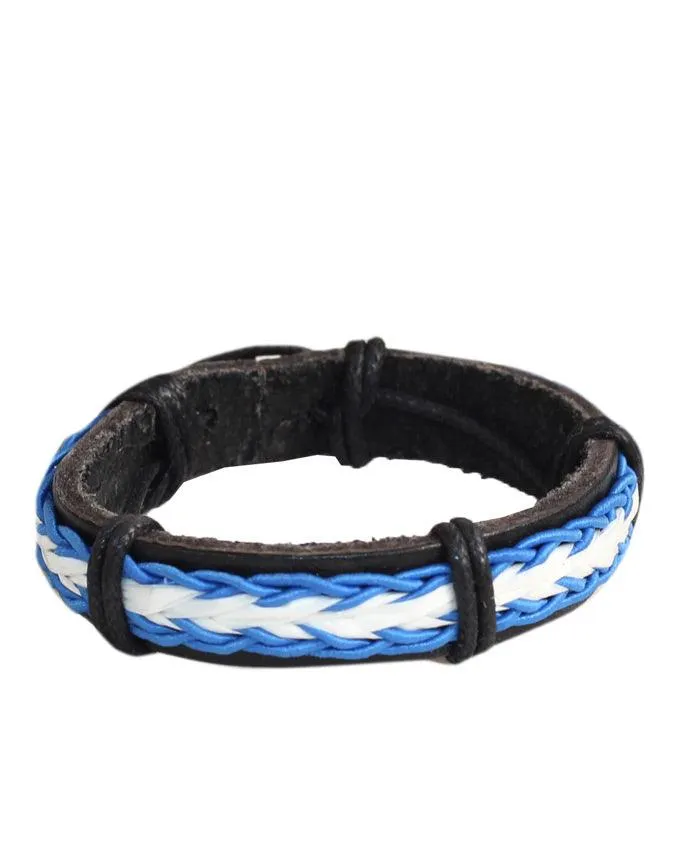 Classic Men's Bracelet Black White and Blue Leather Braided
