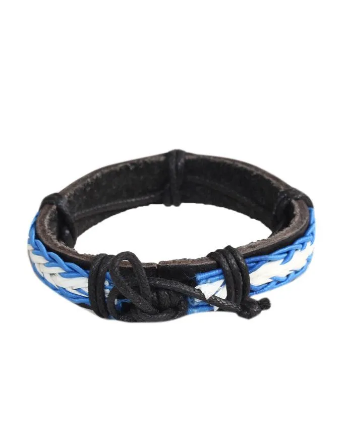 Classic Men's Bracelet Black White and Blue Leather Braided