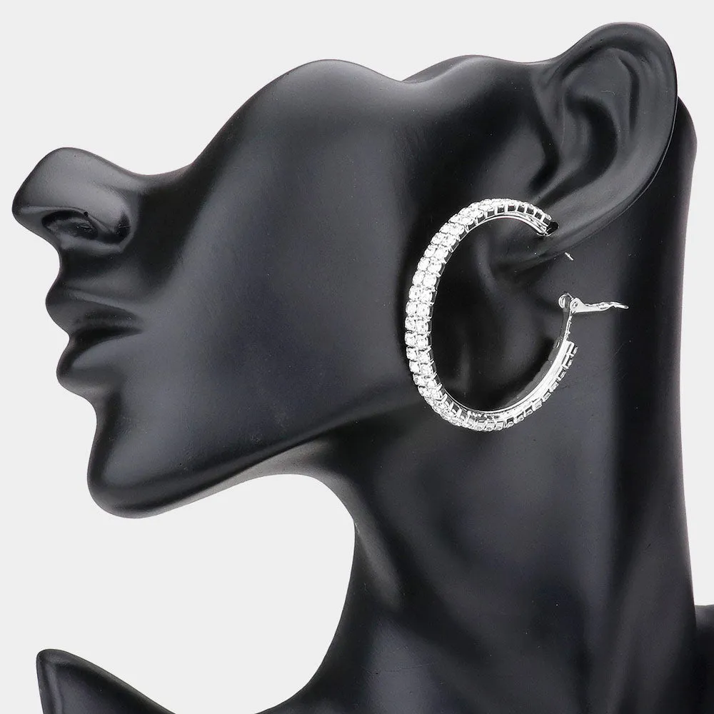 Clear Rhinestone Hoop Earrings on Silver | 1.75" | 540851