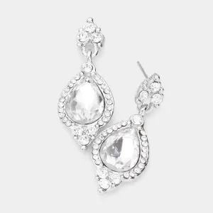 Clear Teardrop Center Dangle Earrings on Silver | Pageant Earrings | 512103