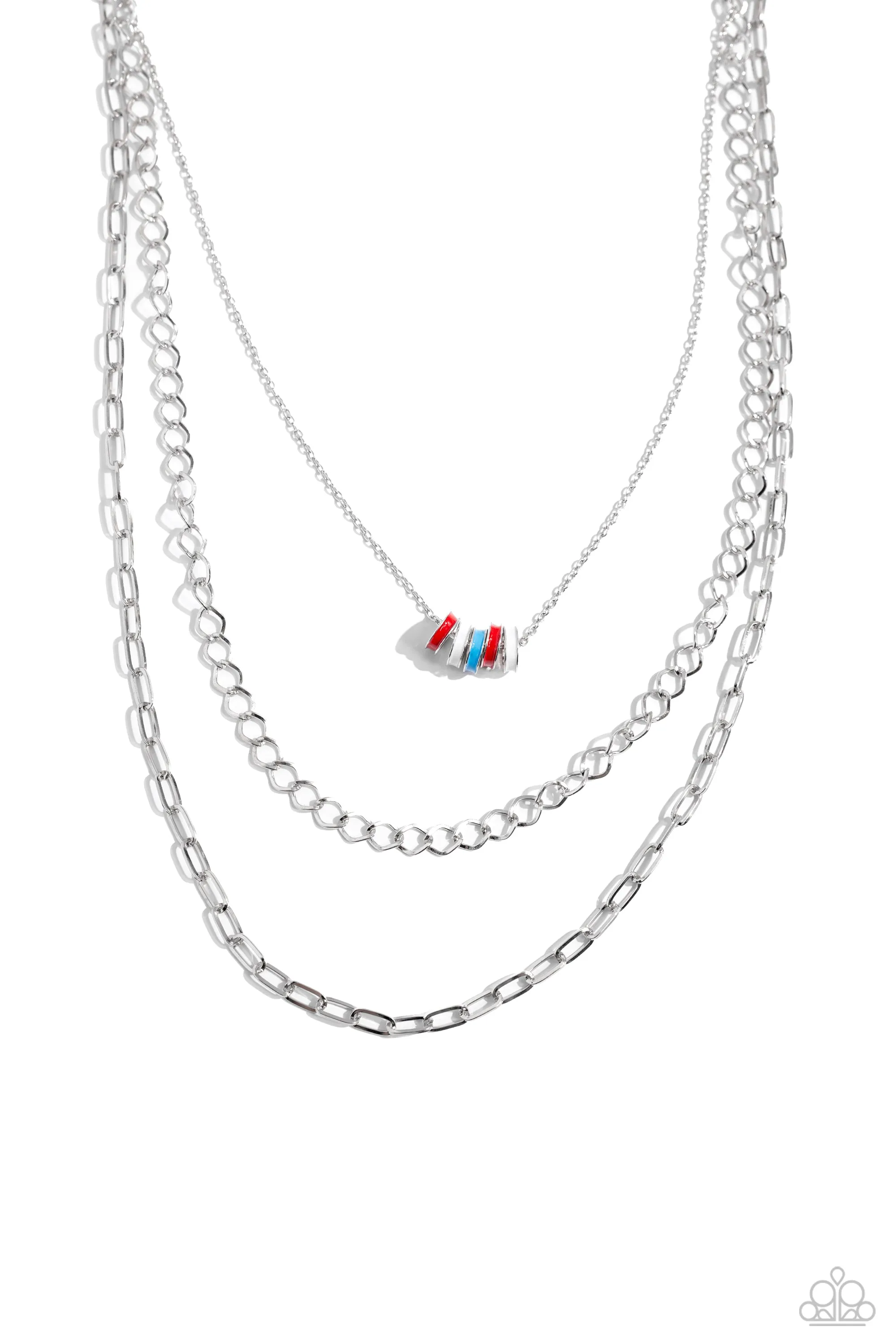 Colorful Cadet - Red - Blue, and White Painted Ring Tiered Chain Paparazzi Short Necklace