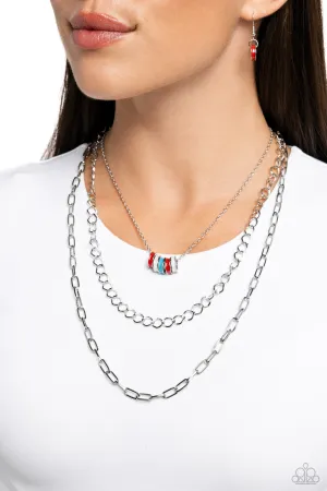 Colorful Cadet - Red - Blue, and White Painted Ring Tiered Chain Paparazzi Short Necklace