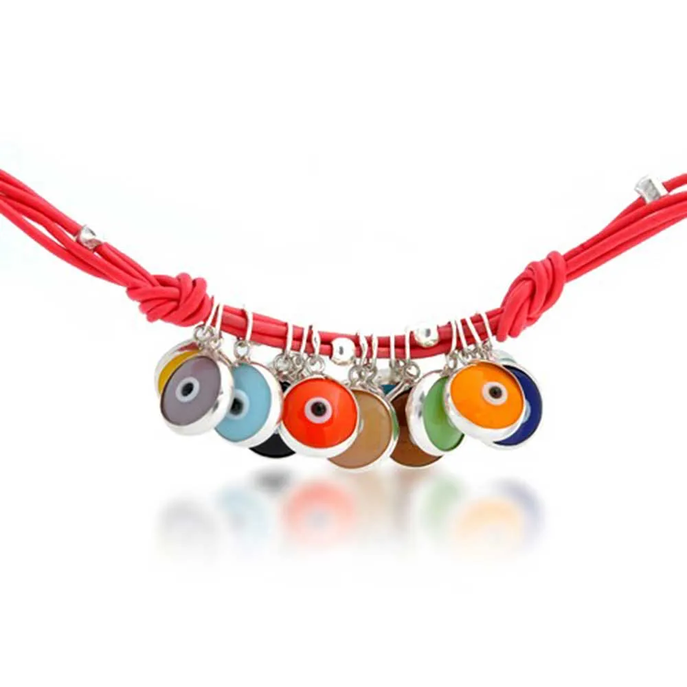Colorful Evil Eye Charms Cord Leather Bracelet Gold Plated Silver