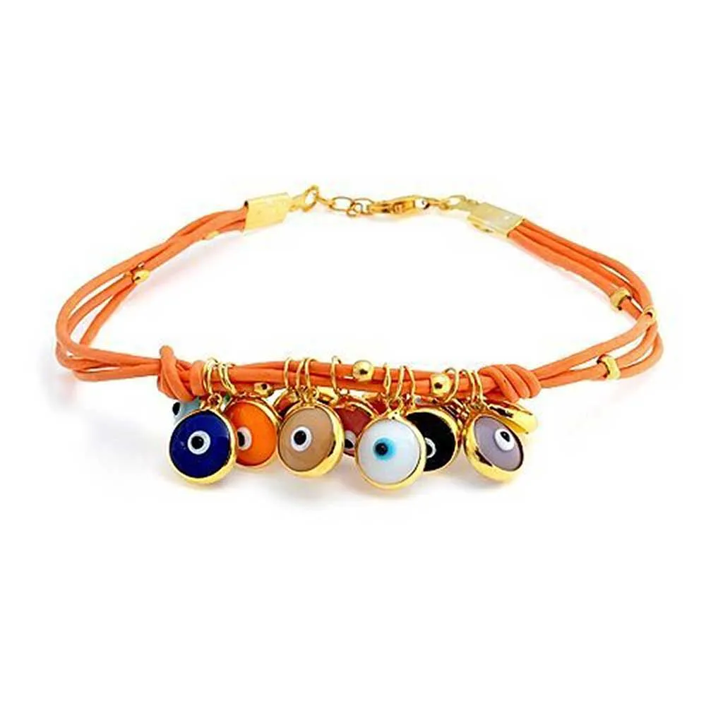 Colorful Evil Eye Charms Cord Leather Bracelet Gold Plated Silver