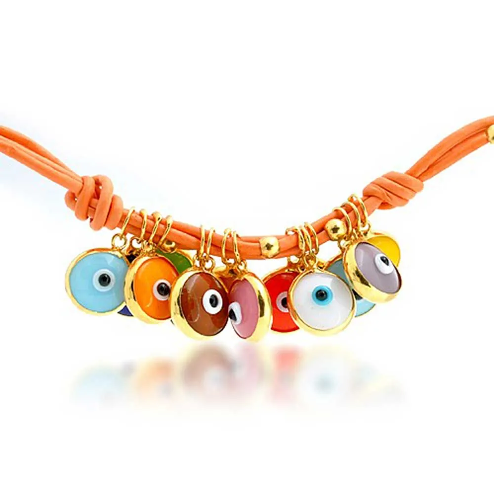 Colorful Evil Eye Charms Cord Leather Bracelet Gold Plated Silver