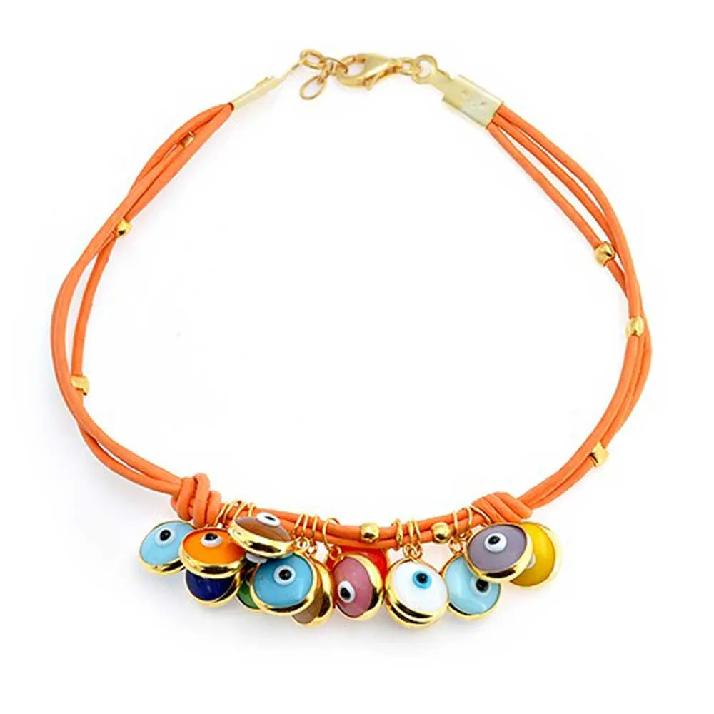 Colorful Evil Eye Charms Cord Leather Bracelet Gold Plated Silver