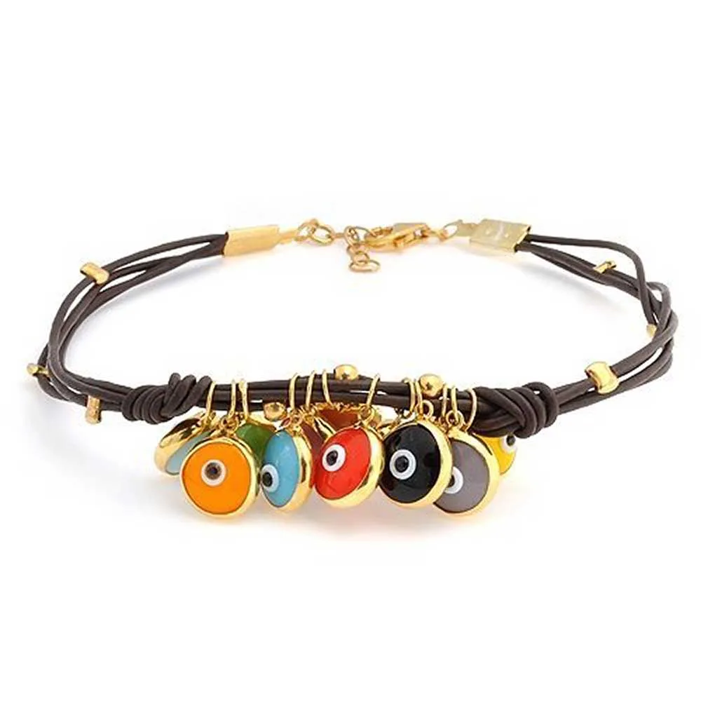Colorful Evil Eye Charms Cord Leather Bracelet Gold Plated Silver