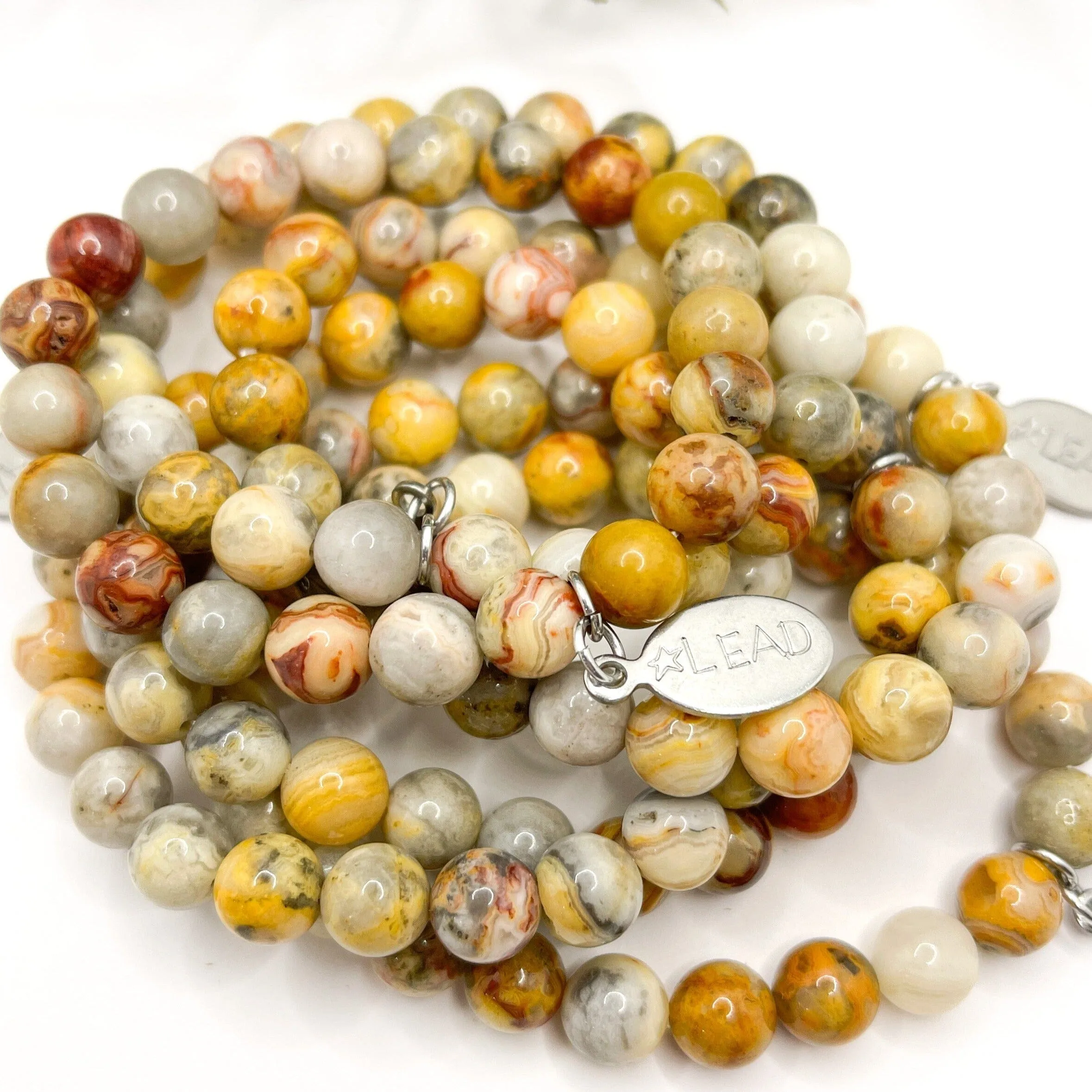 Crazy Lace Bead Bracelet | LEAD Charm | 8mm | Gemstone | Womens