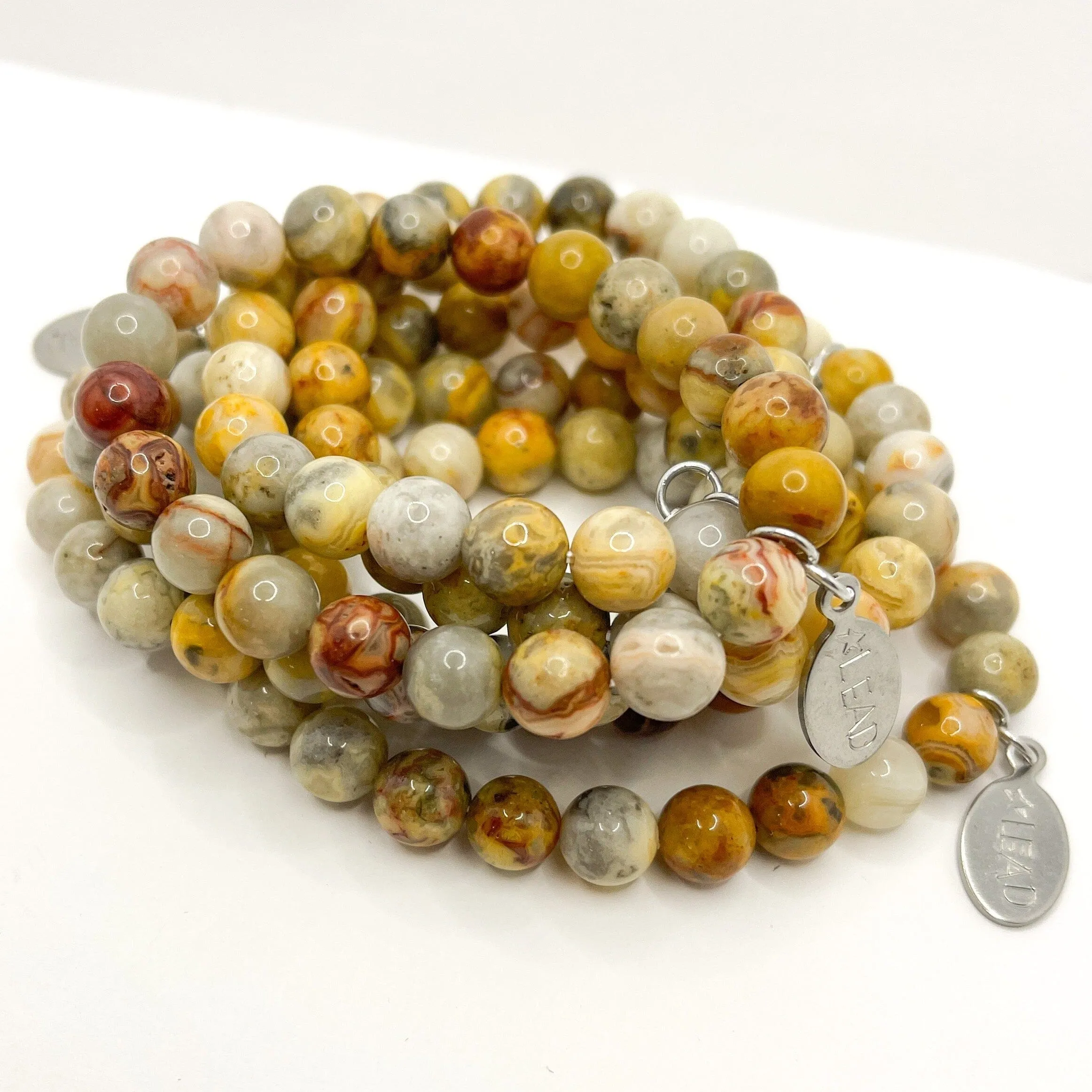 Crazy Lace Bead Bracelet | LEAD Charm | 8mm | Gemstone | Womens