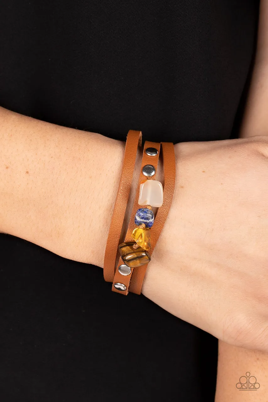 Creek Cache - Multi - Stone Accent Brown Leather Snap Paparazzi Wrap Bracelet