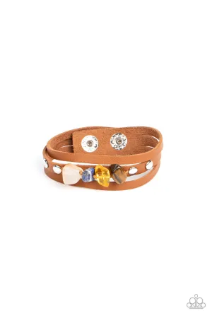 Creek Cache - Multi - Stone Accent Brown Leather Snap Paparazzi Wrap Bracelet