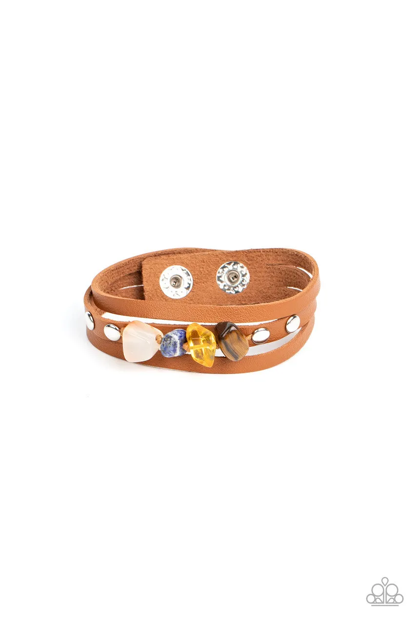 Creek Cache - Multi - Stone Accent Brown Leather Snap Paparazzi Wrap Bracelet