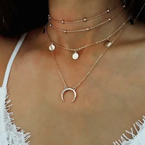 Crescent Horn Layered Moon Necklace - 4 Layer Adjustable Zinc Alloy Jewelry