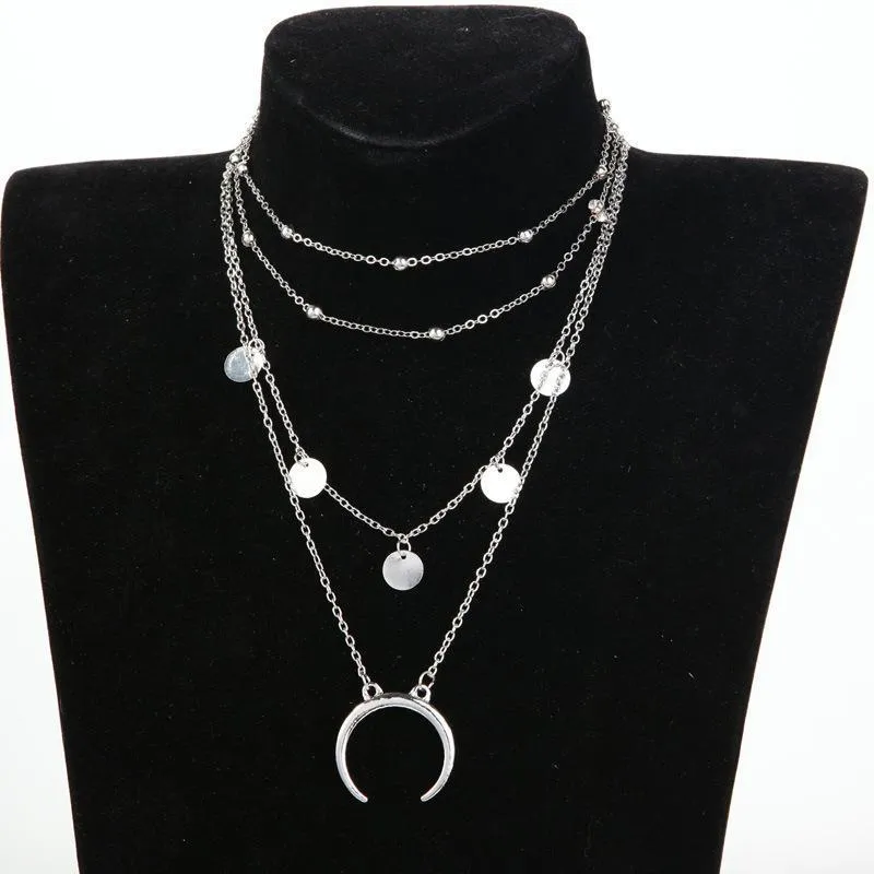 Crescent Horn Layered Moon Necklace - 4 Layer Adjustable Zinc Alloy Jewelry