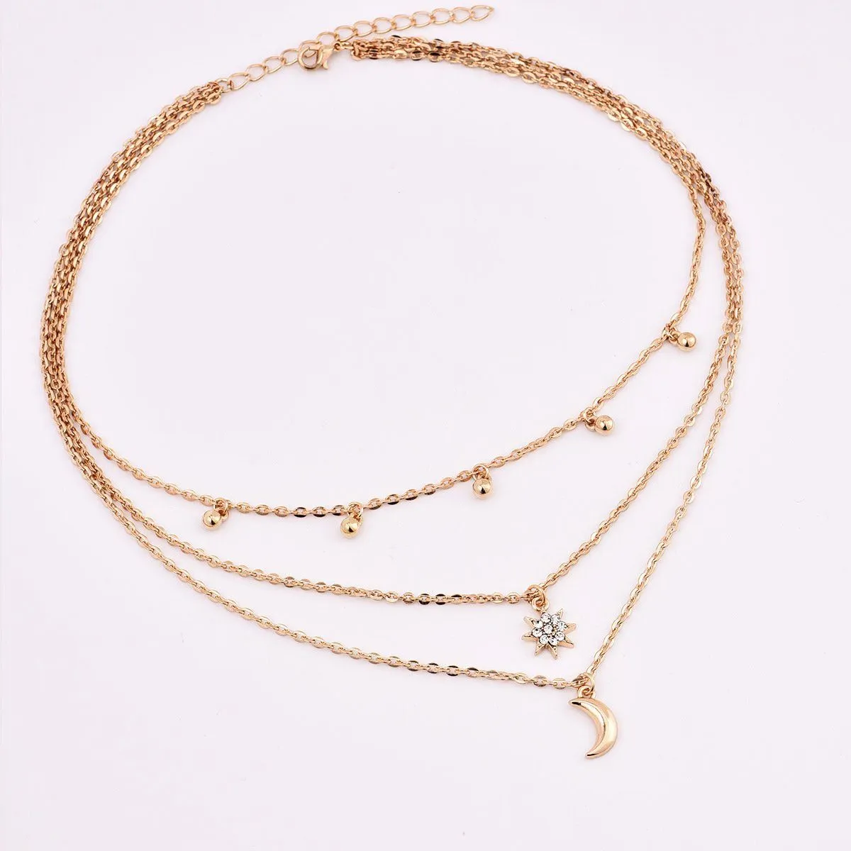 Crescent Moon and Star Bead Three Layer Necklace - Adjustable Zinc Alloy Chain