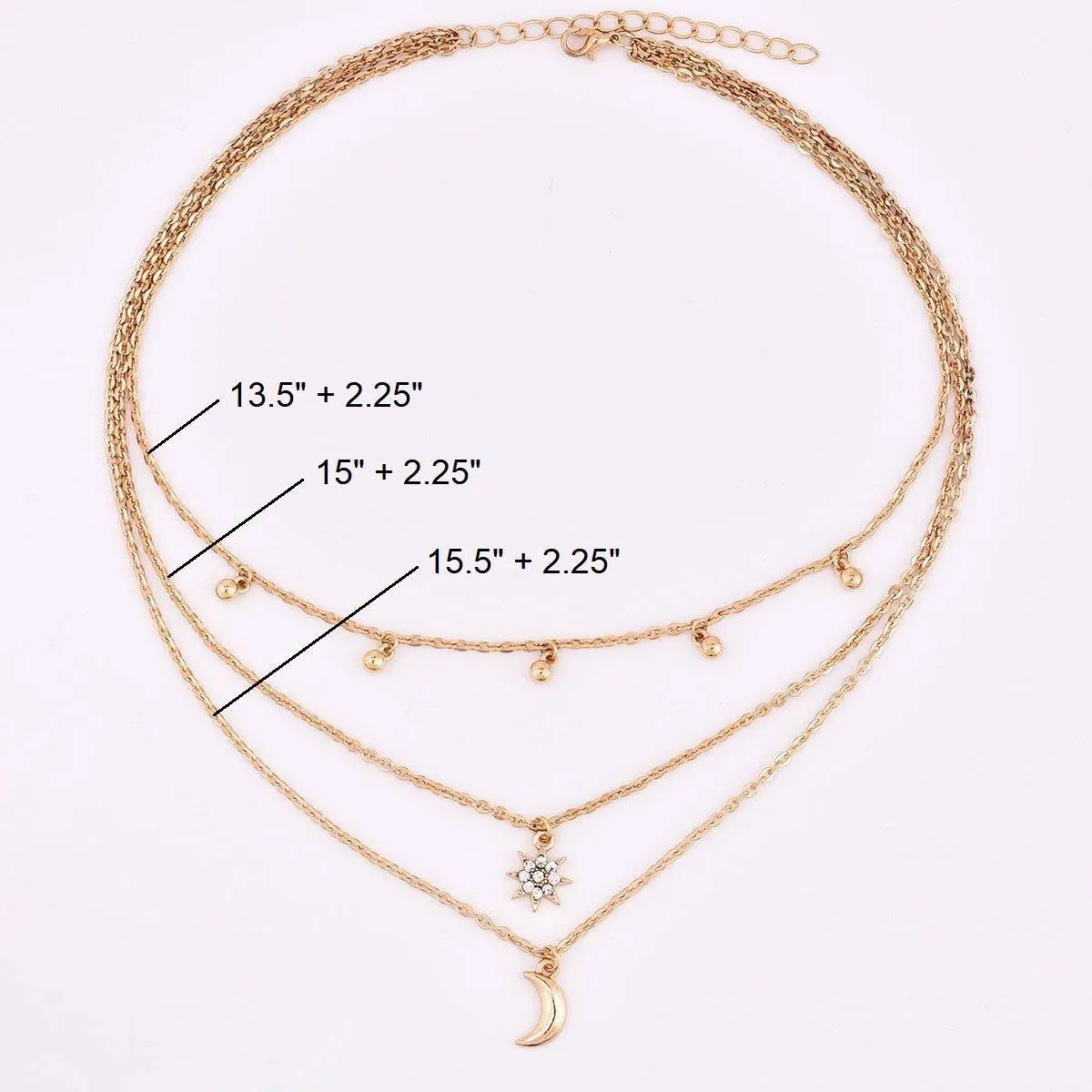 Crescent Moon and Star Bead Three Layer Necklace - Adjustable Zinc Alloy Chain