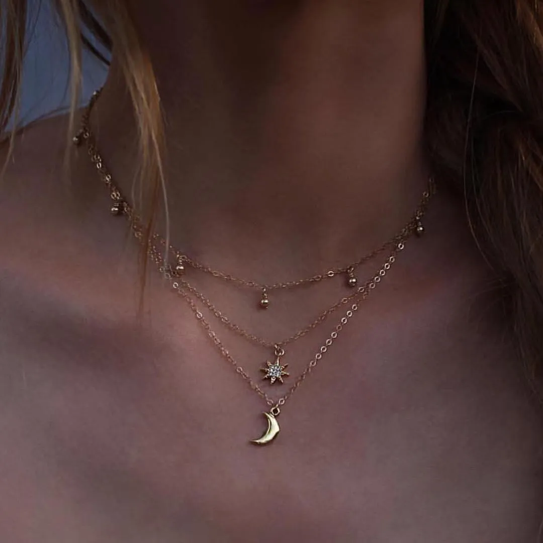 Crescent Moon and Star Bead Three Layer Necklace - Adjustable Zinc Alloy Chain