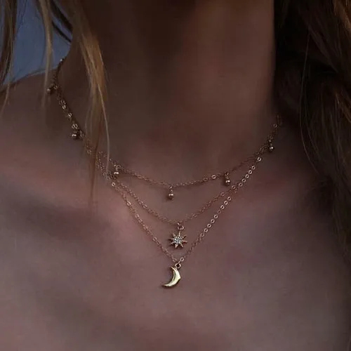Crescent Moon and Star Bead Three Layer Necklace - Adjustable Zinc Alloy Chain