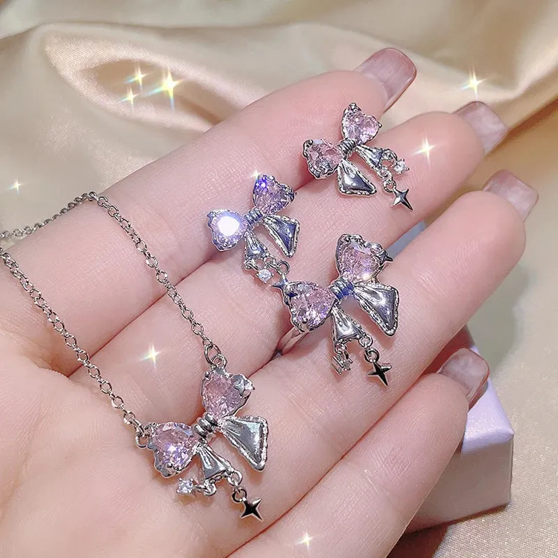 Crystal Angel Wings Heart Pendant Necklaces Set Ladies Girl Simple Y2K Pink White Zircon Love Elegant Necklace Women Jewelry Set