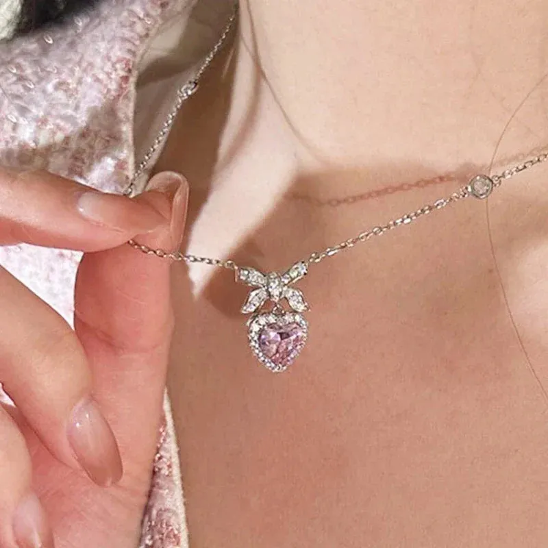 Crystal Angel Wings Heart Pendant Necklaces Set Ladies Girl Simple Y2K Pink White Zircon Love Elegant Necklace Women Jewelry Set