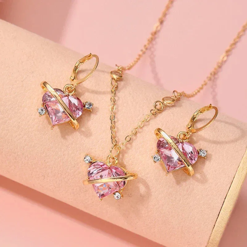 Crystal Angel Wings Heart Pendant Necklaces Set Ladies Girl Simple Y2K Pink White Zircon Love Elegant Necklace Women Jewelry Set