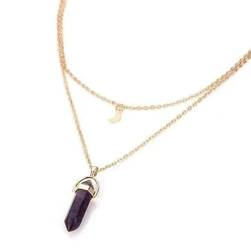 Double Layer Crescent Moon Necklace with Natural Stone Pendant and Zinc Alloy Chain