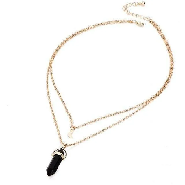 Double Layer Crescent Moon Necklace with Natural Stone Pendant and Zinc Alloy Chain