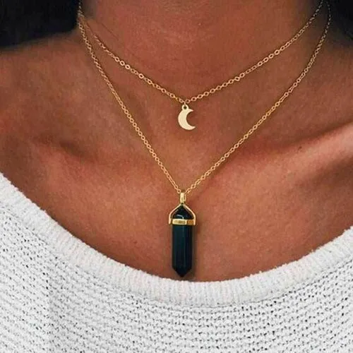 Double Layer Crescent Moon Necklace with Natural Stone Pendant and Zinc Alloy Chain