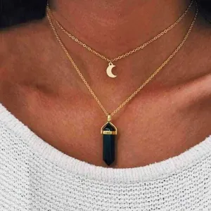 Double Layer Crescent Moon Necklace with Natural Stone Pendant and Zinc Alloy Chain