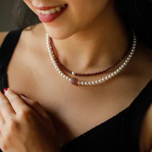 Double Layer Silver Chain with Garnet and Pearls