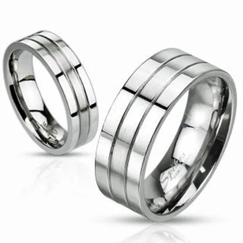 Dual Finish Stainless Steel Ring with Brushed Center Between Two Grooved Channels. Couple Ring