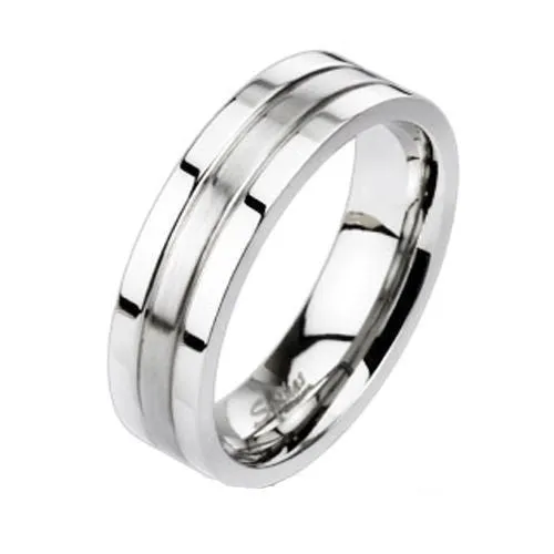 Dual Finish Stainless Steel Ring with Brushed Center Between Two Grooved Channels. Couple Ring