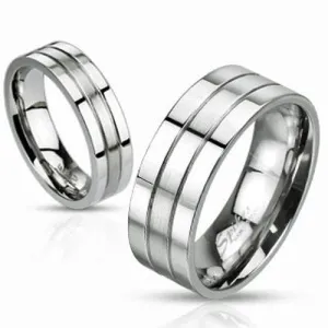 Dual Finish Stainless Steel Ring with Brushed Center Between Two Grooved Channels. Couple Ring