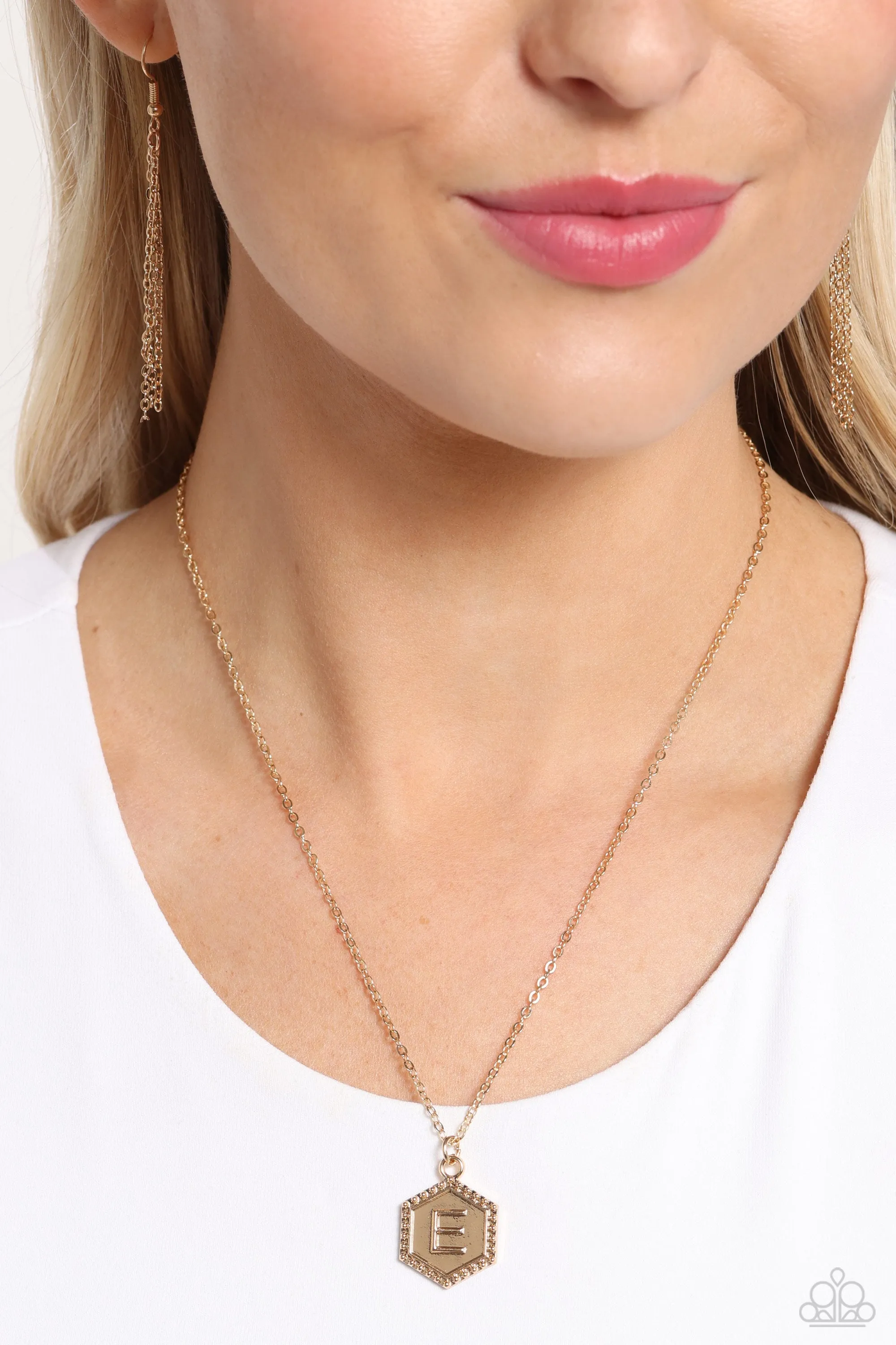 Emblematic Elegance - Gold - E - Initial Pendant Paparazzi Short Necklace