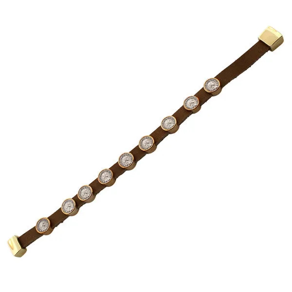 Fashion Alloy Light Brown Tan Leather Yellow Gold-Tone Coin Design Wrap Wristband Bracelet
