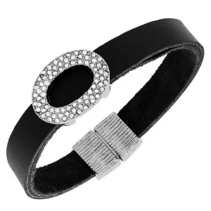 Fashion Black Leather White CZ Wristband Wrap Bracelet