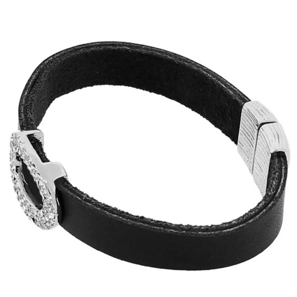 Fashion Black Leather White CZ Wristband Wrap Bracelet
