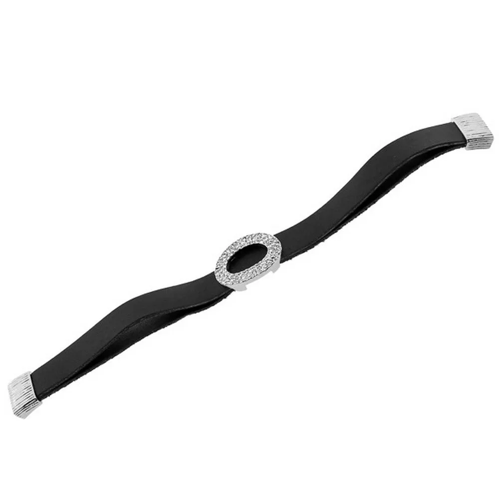 Fashion Black Leather White CZ Wristband Wrap Bracelet